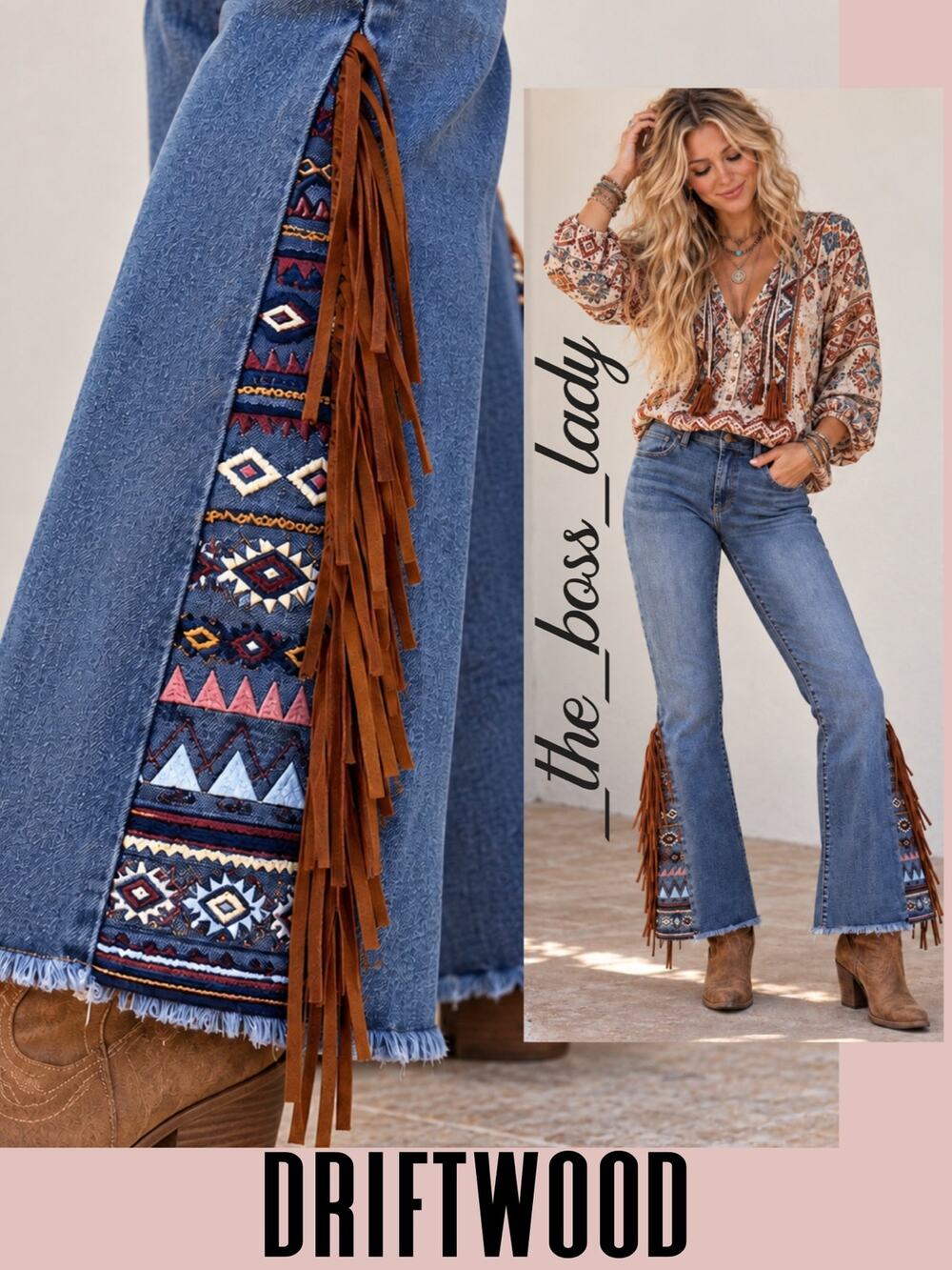 Driftwood flare jeans cropped fringe aztec embroidery pants western boho 6 or 29